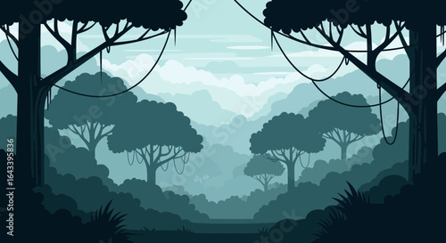 Serene monochromatic jungle scenery with lush flora and a tranquil ambiance