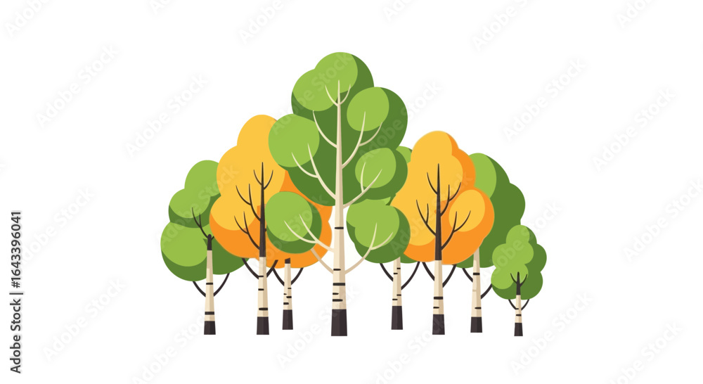 Fototapeta premium Stylized Forest Illustration Featuring Birch Trees with Green and Gold Foliage