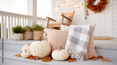 Fototapeta Naklejka Na Ścianę i Meble -  Porch with a white door and a wreath on it.