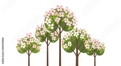 Stylized dogwood trees with delicate pink blossoms on a white background