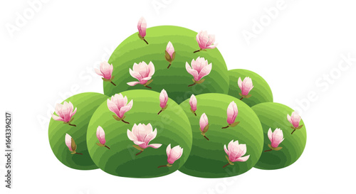 Stylized magnolia blossoms adorning topiary spheres, a delightful botanical arrangement
