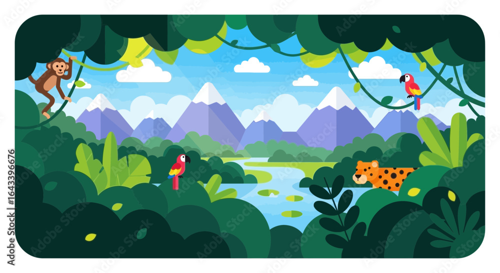 Naklejka premium Vibrant Jungle Landscape with Wildlife and Towering Mountains Graphic