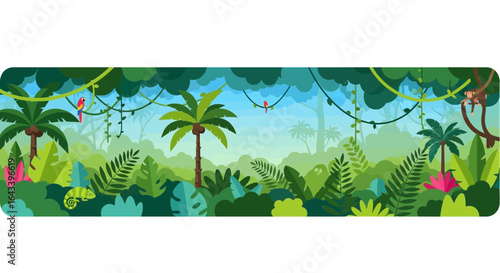 Vibrant cartoon jungle scene with exotic animals and lush vegetation