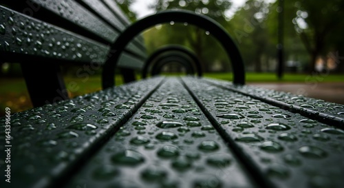 Park bench covered in raindrops