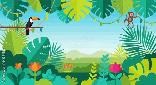 Vibrant tropical landscape featuring toucan, monkey, and exotic foliage
