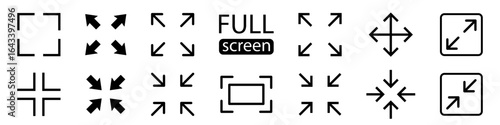 Full screen vector black icons. Set of full screen and exit full screen icon. Arrow mark icons. Scalability icons in flat style for web site, UI, mobile app. Vector illustration