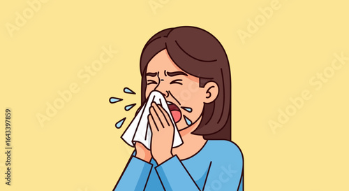 A woman sneezing into a tissue, showing symptoms of a cold or allergy.