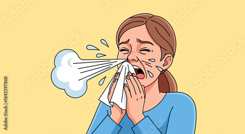 Illustration of a sick young woman sneezing forcefully into a tissue, suffering from a cold, flu, or allergies.