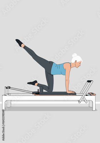 Illustration of an older woman with white hair practicing a leg lift exercise on a Pilates reformer machine.