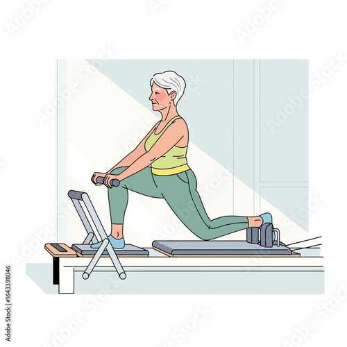 Older woman with short gray hair performing a lunge exercise on a Pilates reformer machine, holding onto the handles.