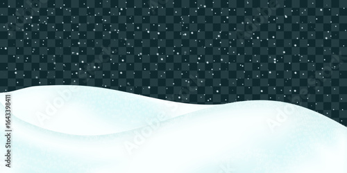 Snowdrifts. Winter realistic landscape. Sparkling fluffy white snowy hills. Realistic 3d vector on transparent background.