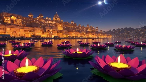Night Scene Of Floating Lotus Candles On Water Illuminated Cityscape