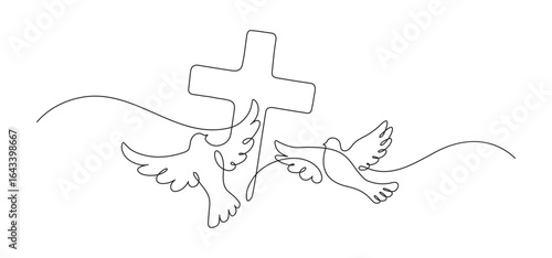 Christianity. Two doves and cross. Continuous line drawing. Religion concept. Vector illustration.