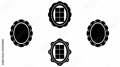 Four oval frames two with grid patterns and two without in a symmetrical arrangement on white |  editable eps vectors silhouette