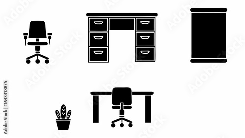 Illustration of office furniture including desks chairs filing cabinet and potted plant in black and white |  editable eps vectors silhouette