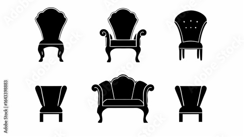 Illustration showing a collection of six different antique chairs in black silhouette style design |  editable eps vectors