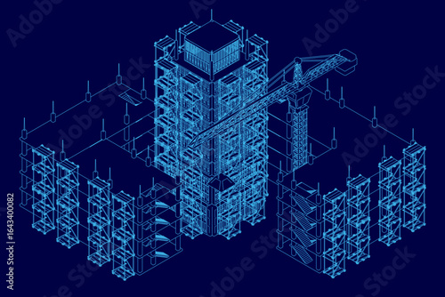 A detailed blueprint of a city building under construction, featuring a crane on top and scattered tools. The dark blue background highlights the architectural contour lines.