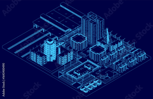 A detailed architectural blueprint of a city building on a blue background, featuring precise contour lines and structural elements. The design highlights modern urban planning with clean lines.