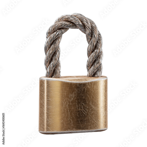 Vintage bronze padlock featuring a shackle made from twisted metal rope—unique symbol of security and industrial style.
