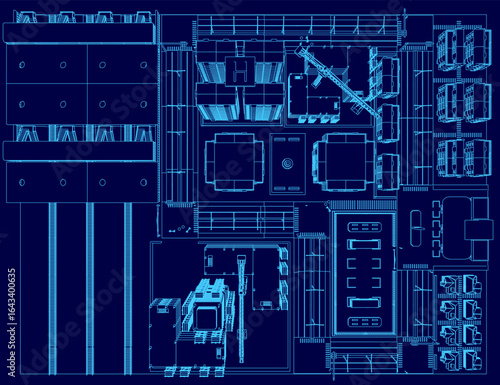 Detailed architectural blueprint displays a building layout with precise city contours and structural elements. Top view