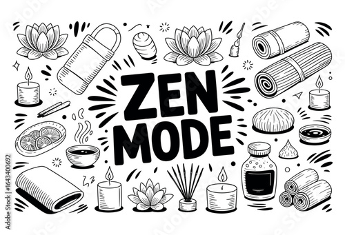 Intricate black and white illustration of Zen Mode framed by lotus, candles, incense, mats, cushions, oil bottles, and diffusers to evoke meditative calm and spa-like serenity.