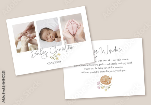 Baby announcement card template with watercolor floral and woodland elements, photo frame design, printable greeting for newborn