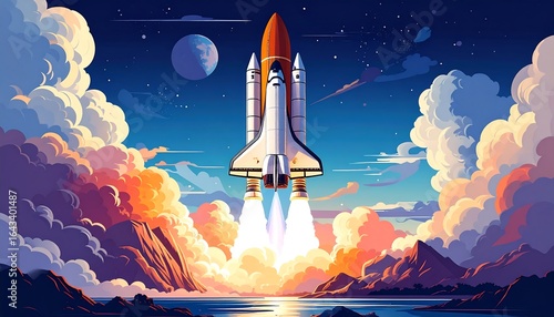 Rocket launch through clouds at dawn