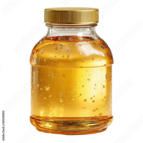 Clear glass jar filled with golden honey and air bubbles, sealed with a metal lid—ideal for food or packaging themes.
