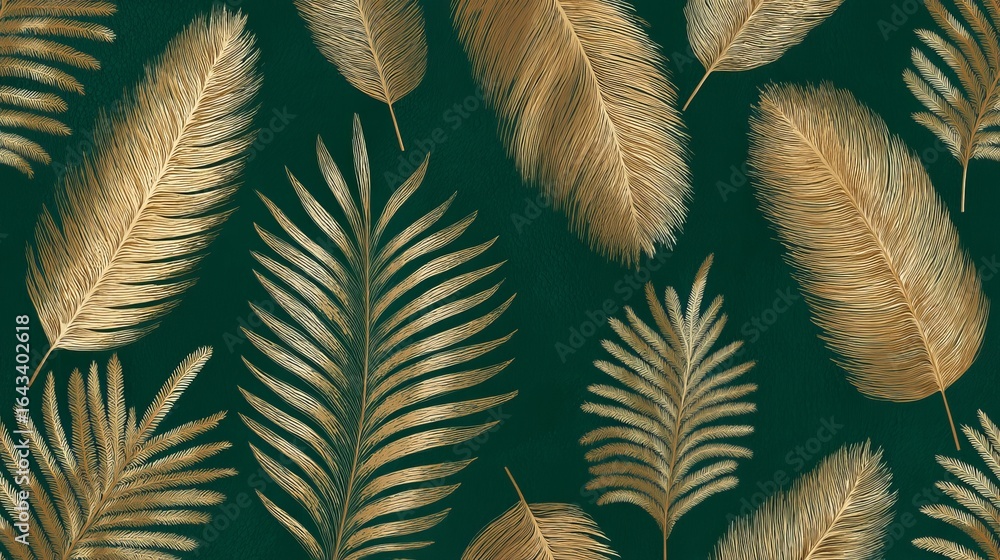 Fototapeta Elegant golden leaves on a rich green background, creating a luxurious and vibrant visual display.