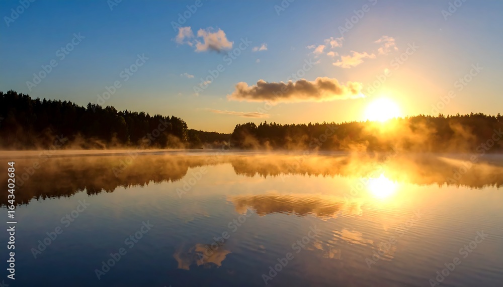 Fototapeta premium Golden morning light illuminates a serene lake landscape with ethereal mist