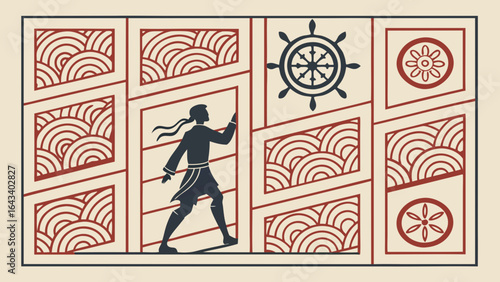 Man Steers Ship Forward Through Stylized Waves and Symbols, Seeking Destiny