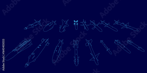 A collection of missile contour drawings on a blue background, featuring a rocket, missile launcher, and various bomb designs. The minimalist line art showcases detailed weapon outlines.