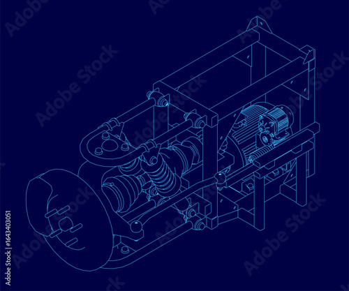 A detailed blueprint of a modular machine with electric motor and suspension system, featuring intricate contour lines on a blue background. The technical drawing showcases precise engineering.