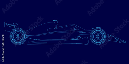 A sleek Formula 1 car blueprint stands out against a vibrant blue background, showcasing detailed aerodynamic contours and precision engineering. The technical drawing highlights the sportcar's.