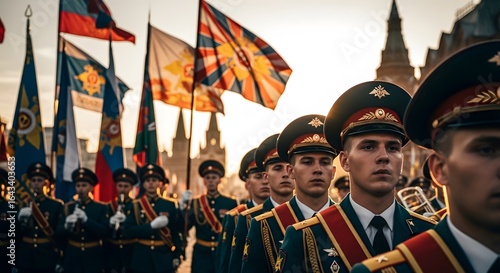 A line of soldiers in dress uniforms march in a parade, carrying flags, with a historic building visible in the background under a bright sky.