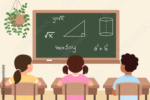 Maths class, pupils sitting at desks in room. Kids learning mathematics, having lesson. Education concept, knowledge vector illustration