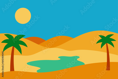 Illustration of a desert landscape with palm trees and oasis