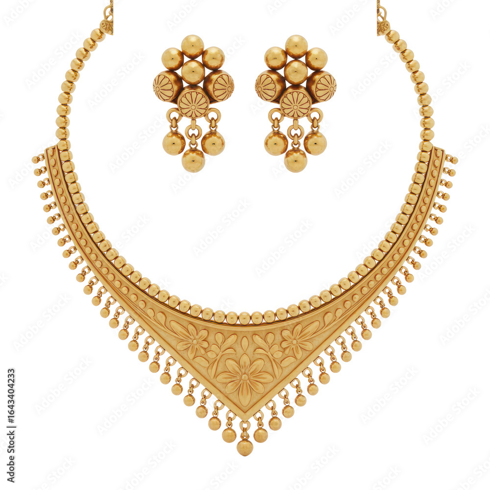 Obraz premium Exquisite gold necklace and matching earrings set featuring intricate detailing isolated on transparent background