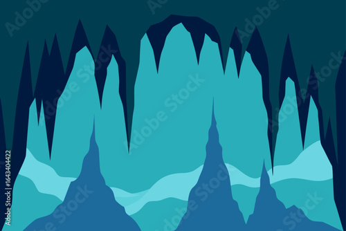 Illustration of a blue cave with stalactites and stalagmites