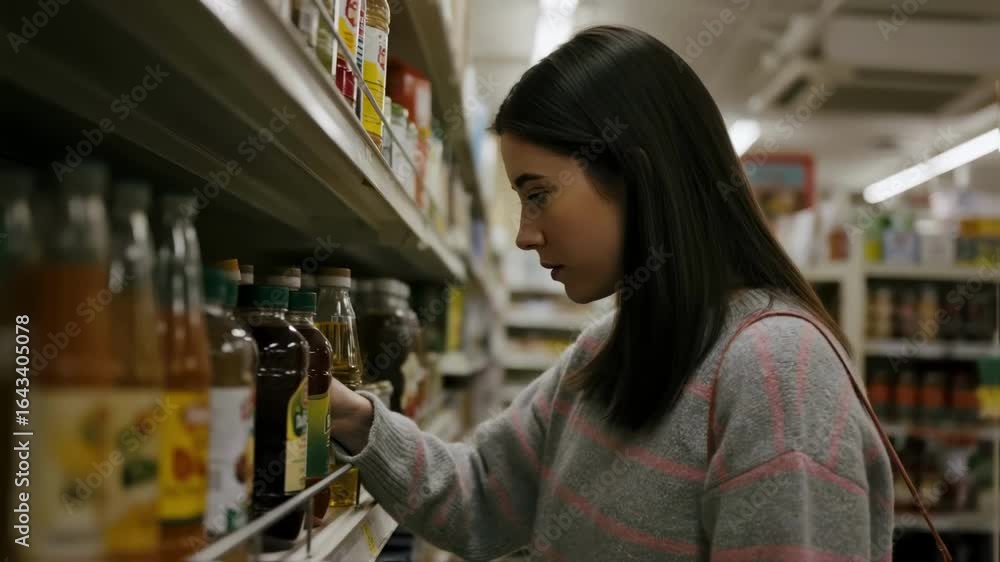 Conscious consumer woman choosing vegetable oil in a grocery store, reading the label to make a healthy choice amid the modern seed oil controversy and food debate Conscious consumer woman choosing vegetable oil in a grocery store, reading the label to make a healthy choice amid the modern seed oil controversy and food debate