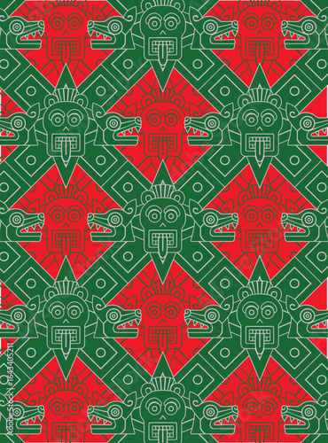 A detailed repeating pattern featuring stylized green and red ancient Mesoamerican serpent and deity design