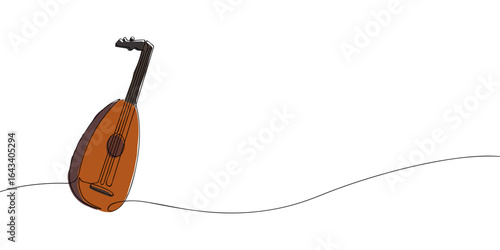 Minimalist line drawing with color accents of a lute. Traditional string musical instrument illustration for folk music, classical performance, and cultural heritage design concepts.