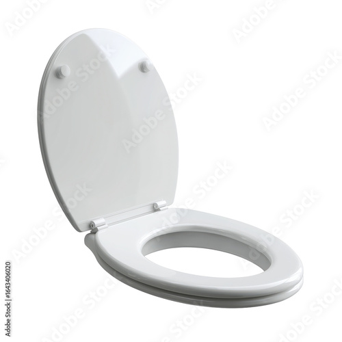 Clean white toilet seat with open lid isolated on white background, used in bathrooms for hygiene and sanitation purposes.
