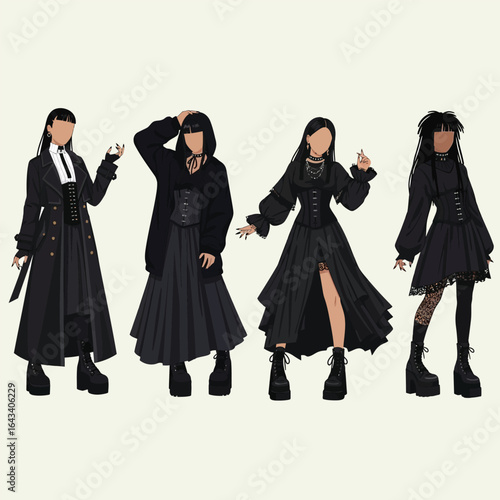 Four stylized female figures in dark fashion outfits, showcasing various gothic-inspired clothing designs.