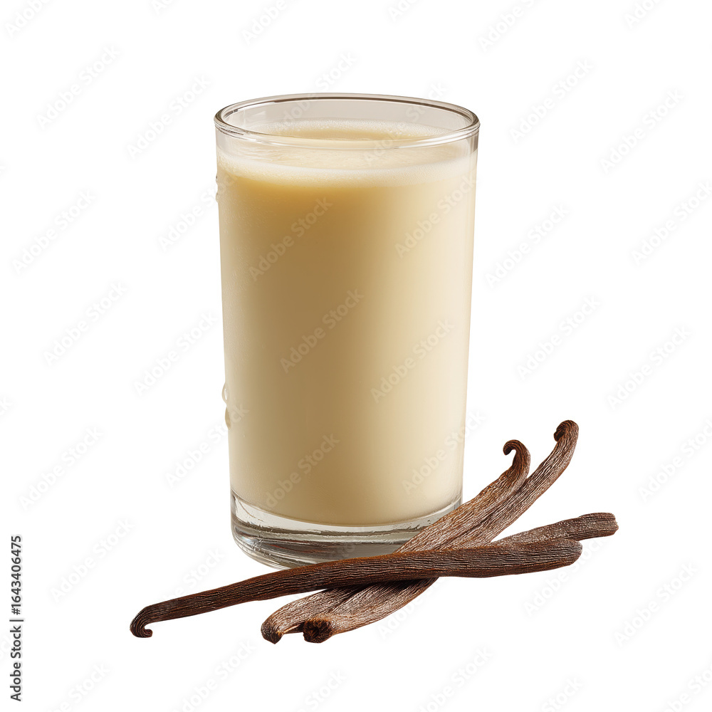 © Alex - Refreshing glass of vanilla-flavored milk with whole vanilla pods beside it, isolated on white background, representing sweet creamy beverages. © Alex - Refreshing glass of vanilla-flavored milk with whole vanilla pods beside it, isolated on white background, representing sweet creamy beverages.