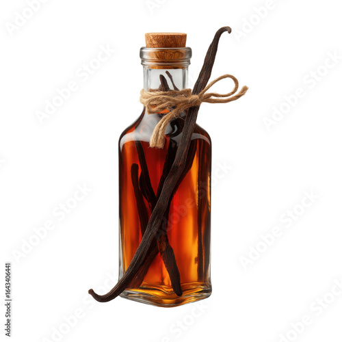Glass bottle filled with vanilla extract and whole vanilla pods tied with string, used for baking and flavoring recipes.
