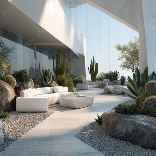 Modern architectural collage featuring a rooftop cactus garden, elegant white furniture, mineral surface finishes, scattered pebbles, soft golden sunlight, serene atmosphere