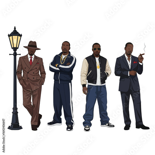 Four stylish African-American men in various attire, evoking different eras and styles.