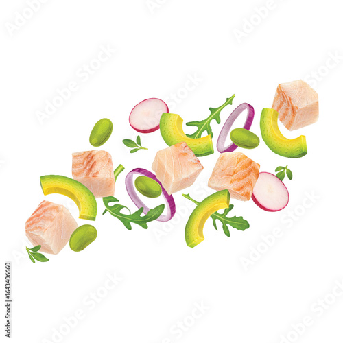 Fresh ingredients for ceviche or salad with avocado tuna onion and greens