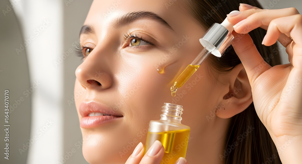 Fototapeta premium Glowing Skin: Woman Applying Face Serum with Dropper